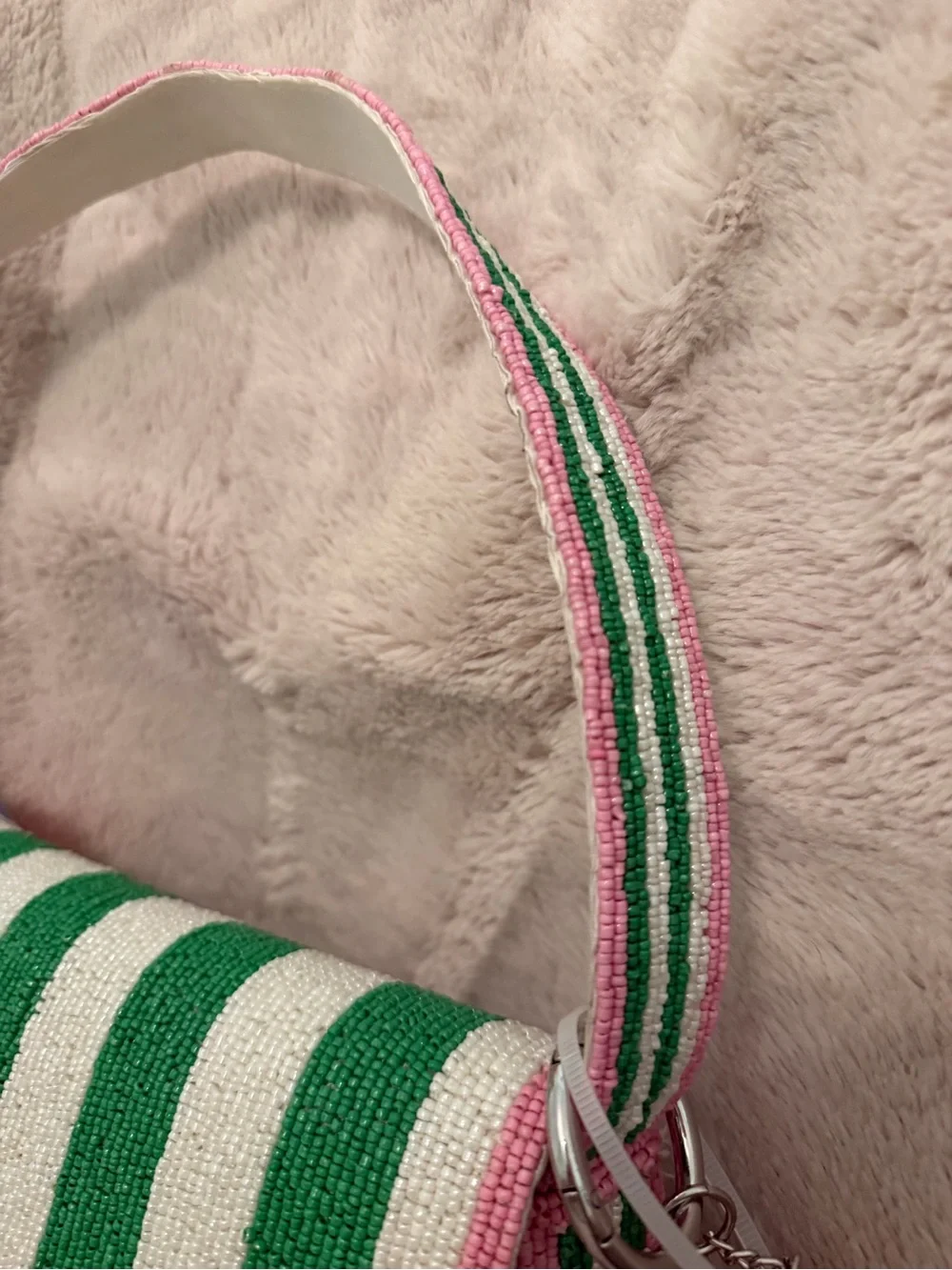 Viral TJ Maxx Beaded Bag Pink & Green Striped With Beaded Pink Charm